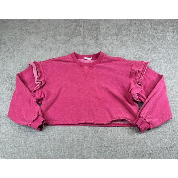Avec Les Filles Sweater Womens (M) Pink Crop Ruffle Sleeve French Terry Pullover - Picture 2 of 7